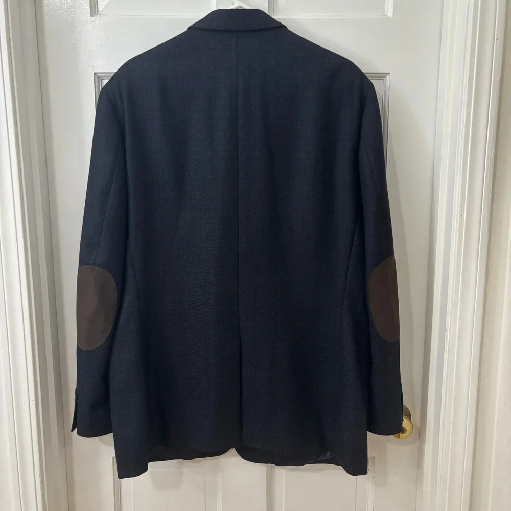 Lauren Ralph Lauren Mens 44R Deep Blue‎ Wool Blazer Heritage Brown Elbow Patches